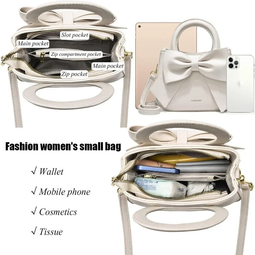 Small Leather Handbag Women Carry Handle Bow Knot Purse Crossbody Organizer